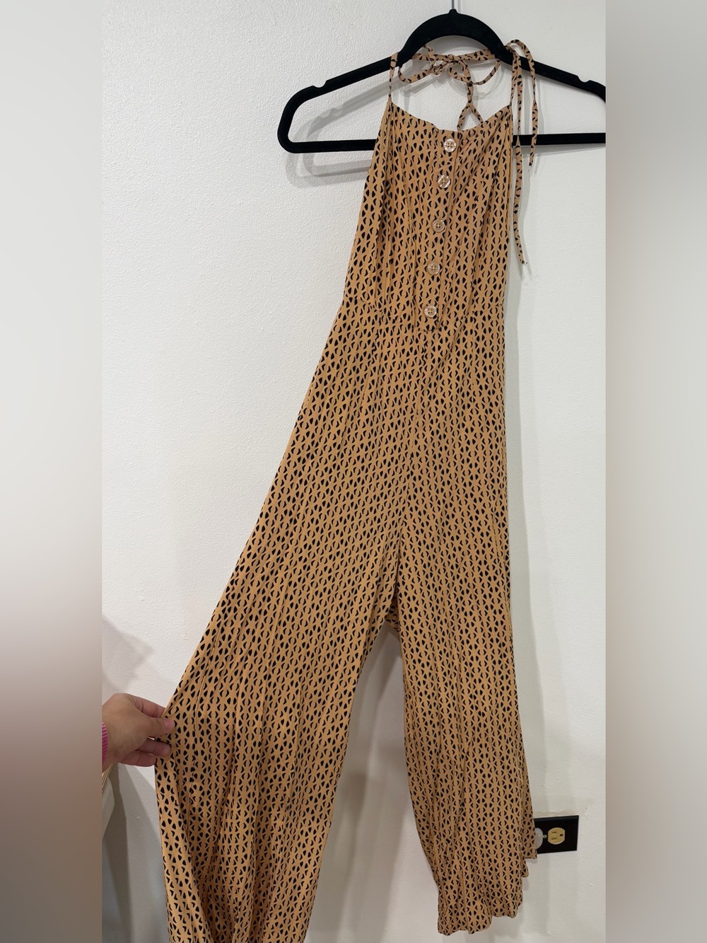 Valia Tan Printed Halter Wide-Leg Jumpsuit
